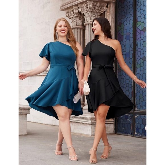 NWT Grace Karin Black One Shoulder Short Sleeve Ruffle Tie Mini Midi Dress XL - Picture 11 of 16